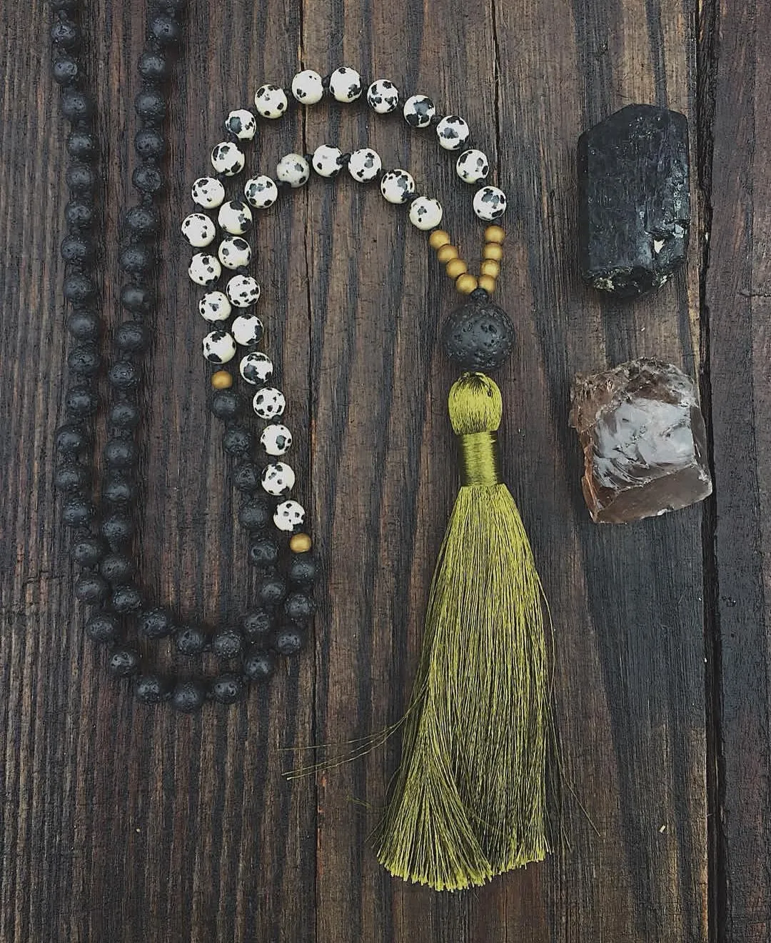 SALE - Beaded Necklace in Black Lava Stone and Dalmation Jasper