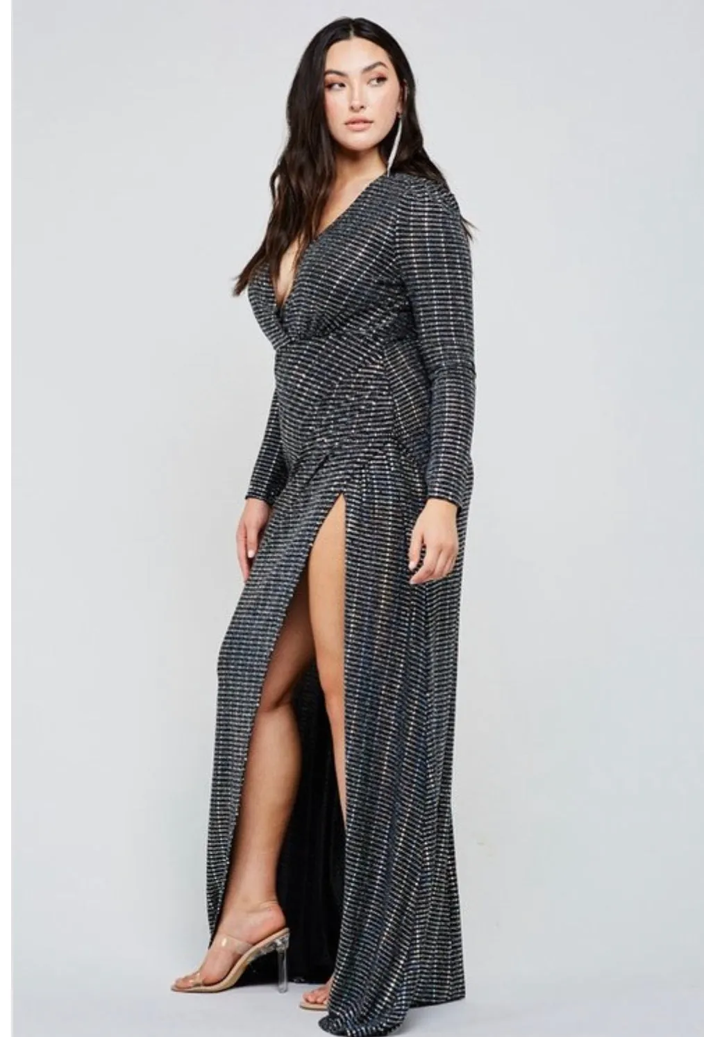 Sexy Holiday Black Hologram Sequin Tile Maxi Dress W/Split - PLUS