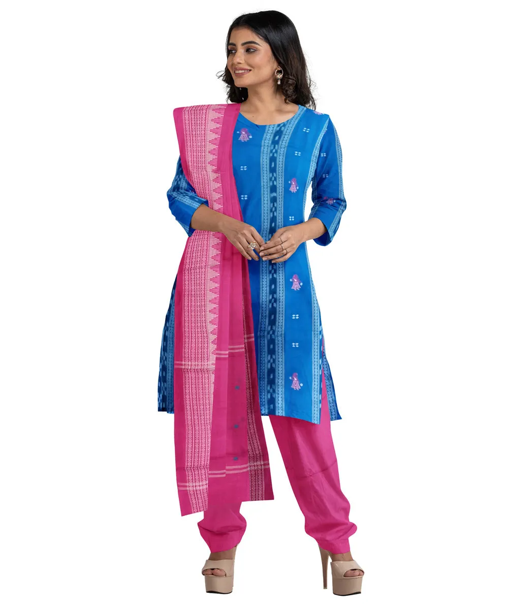 Sky blue magenta handwoven cotton nuapatna dress material