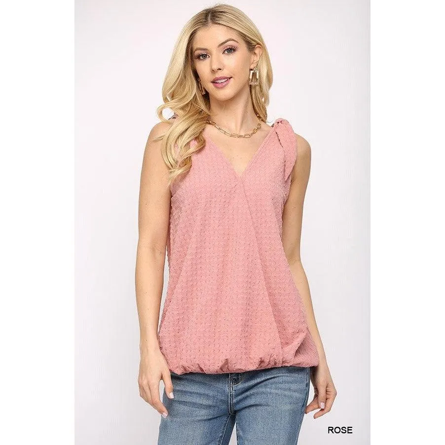 Solid Textured And Sleeveless Surplice Top With Shoulder Tie