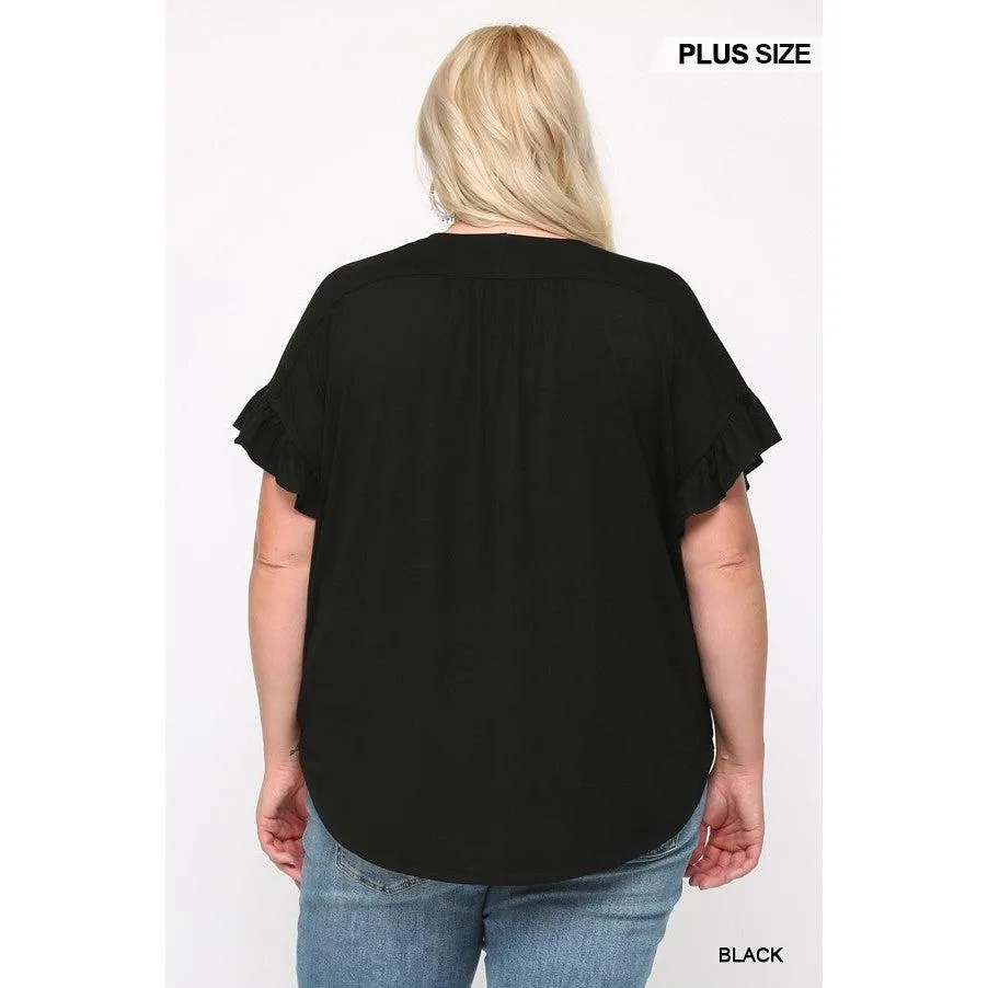 Solid Viscose Knit Surplice Top With Ruffle Sleeve