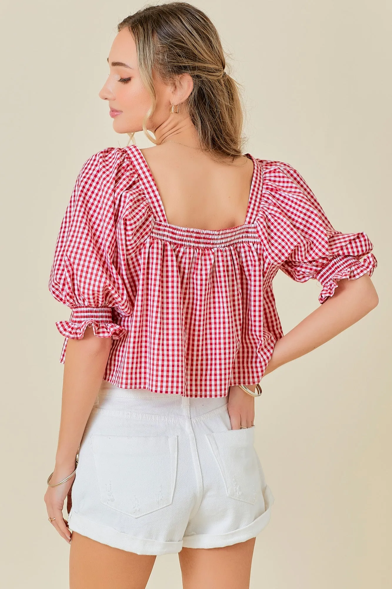 Square Neck Puff Sleeve Gingham Top