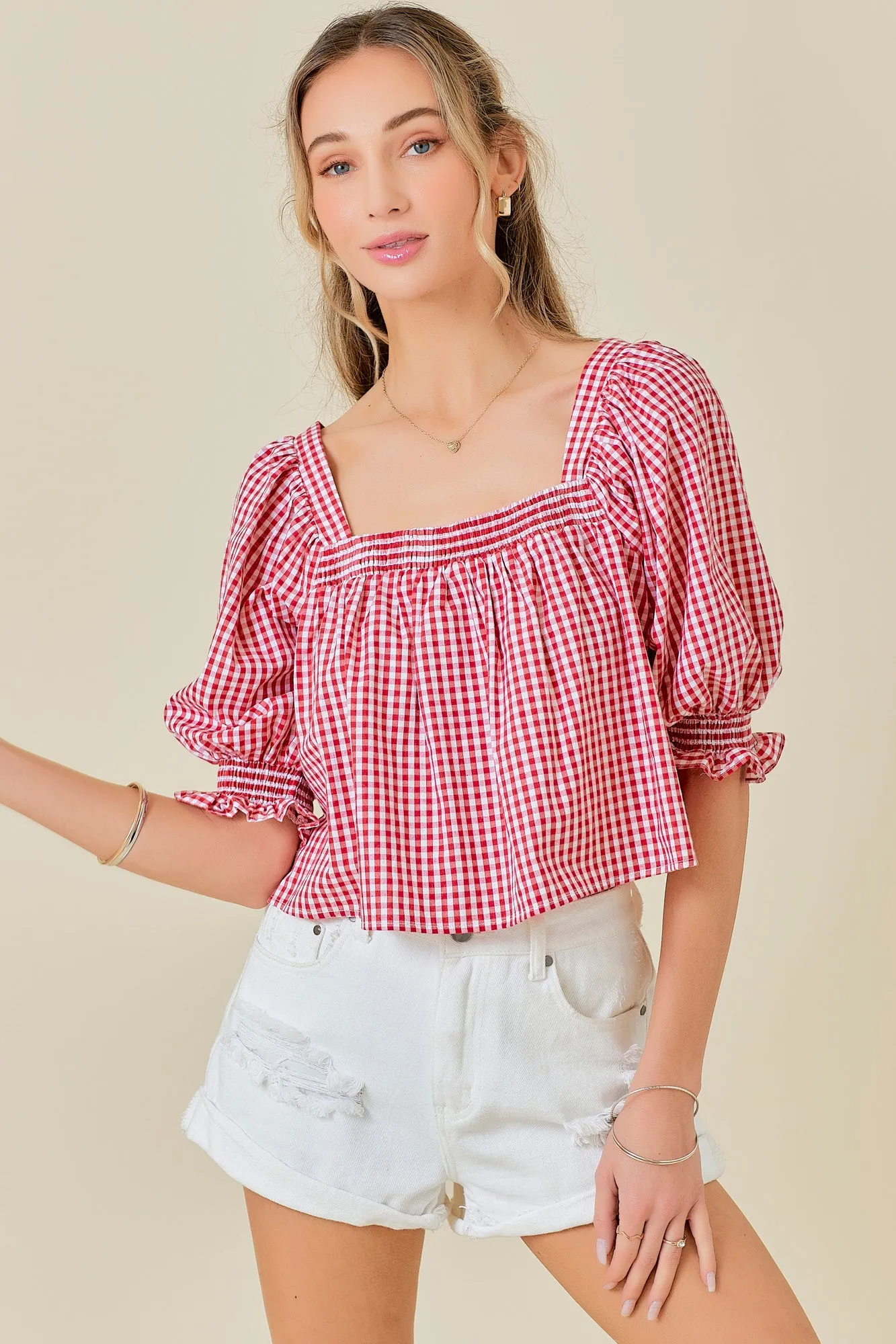 Square Neck Puff Sleeve Gingham Top