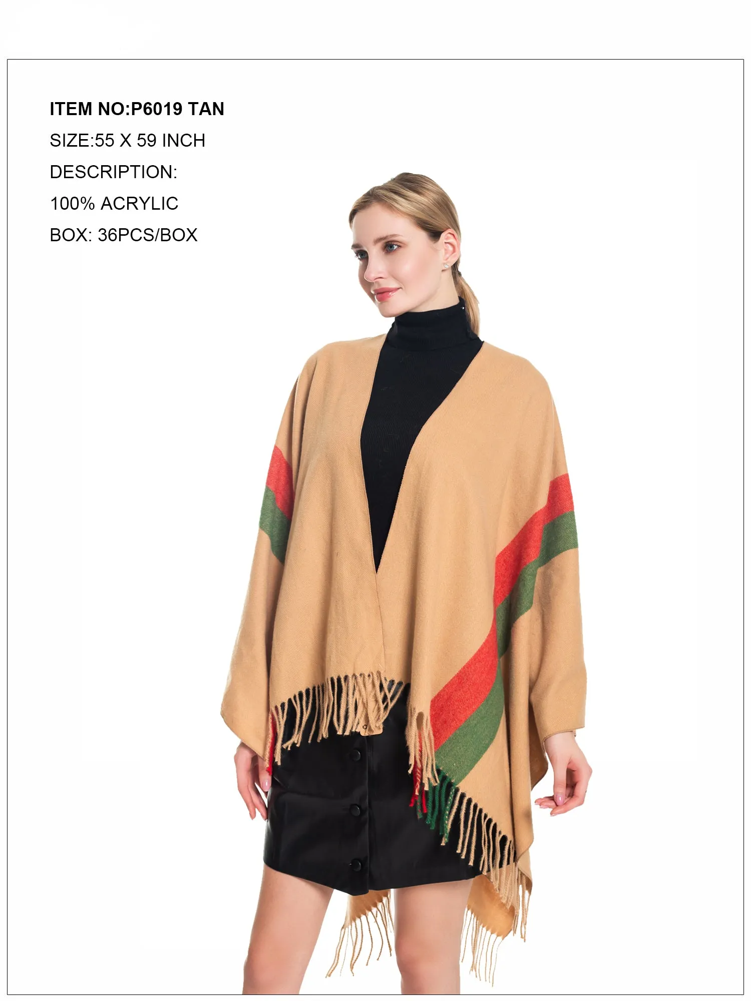 Strip Print Fringe Trim Poncho-Tan