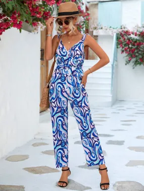 Sunset and Swim Abstract Print Tied Sleeveless Jumpsuit