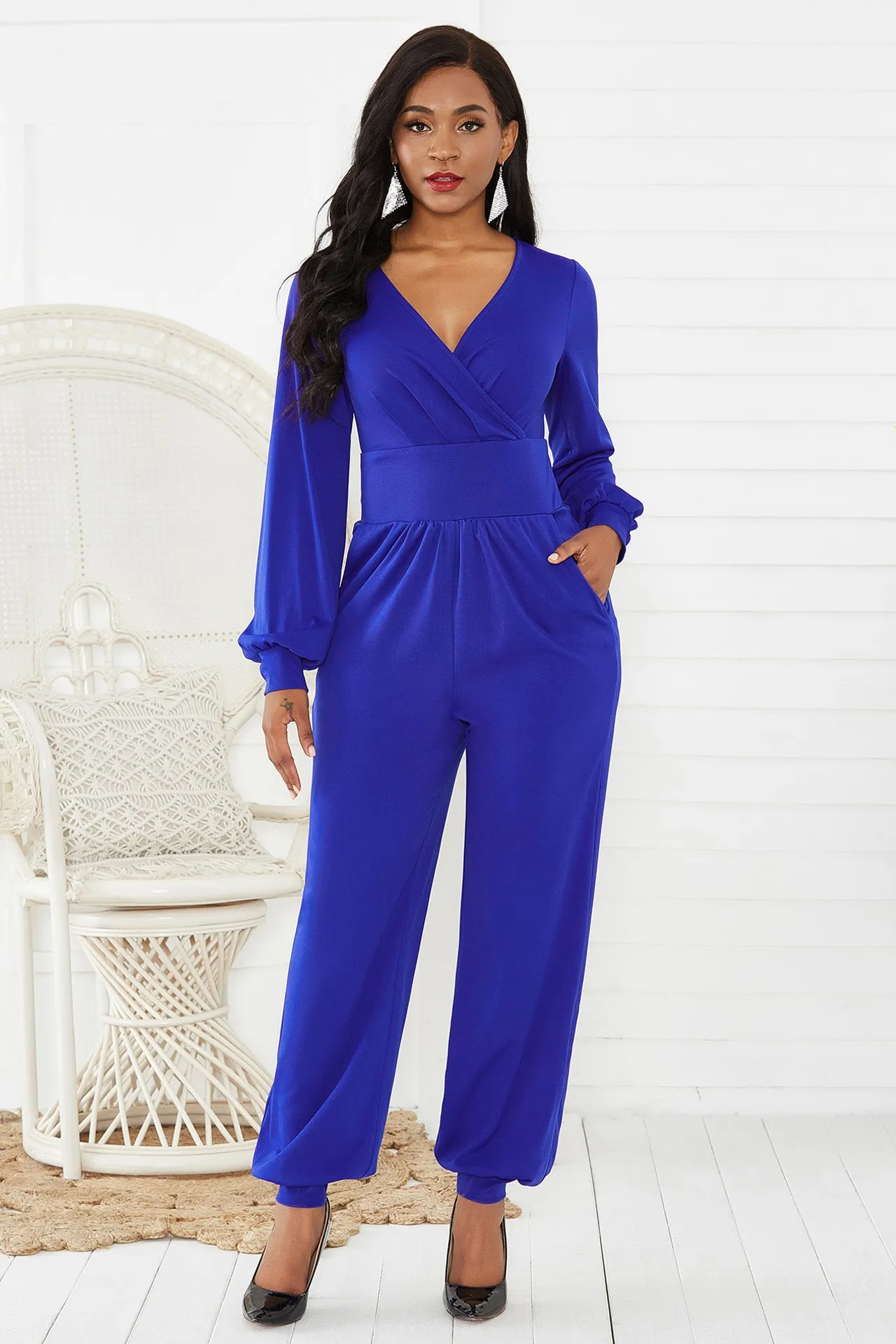 Sunset and Swim Gathered Detail Surplice Lantern Sleeve Jumpsuit