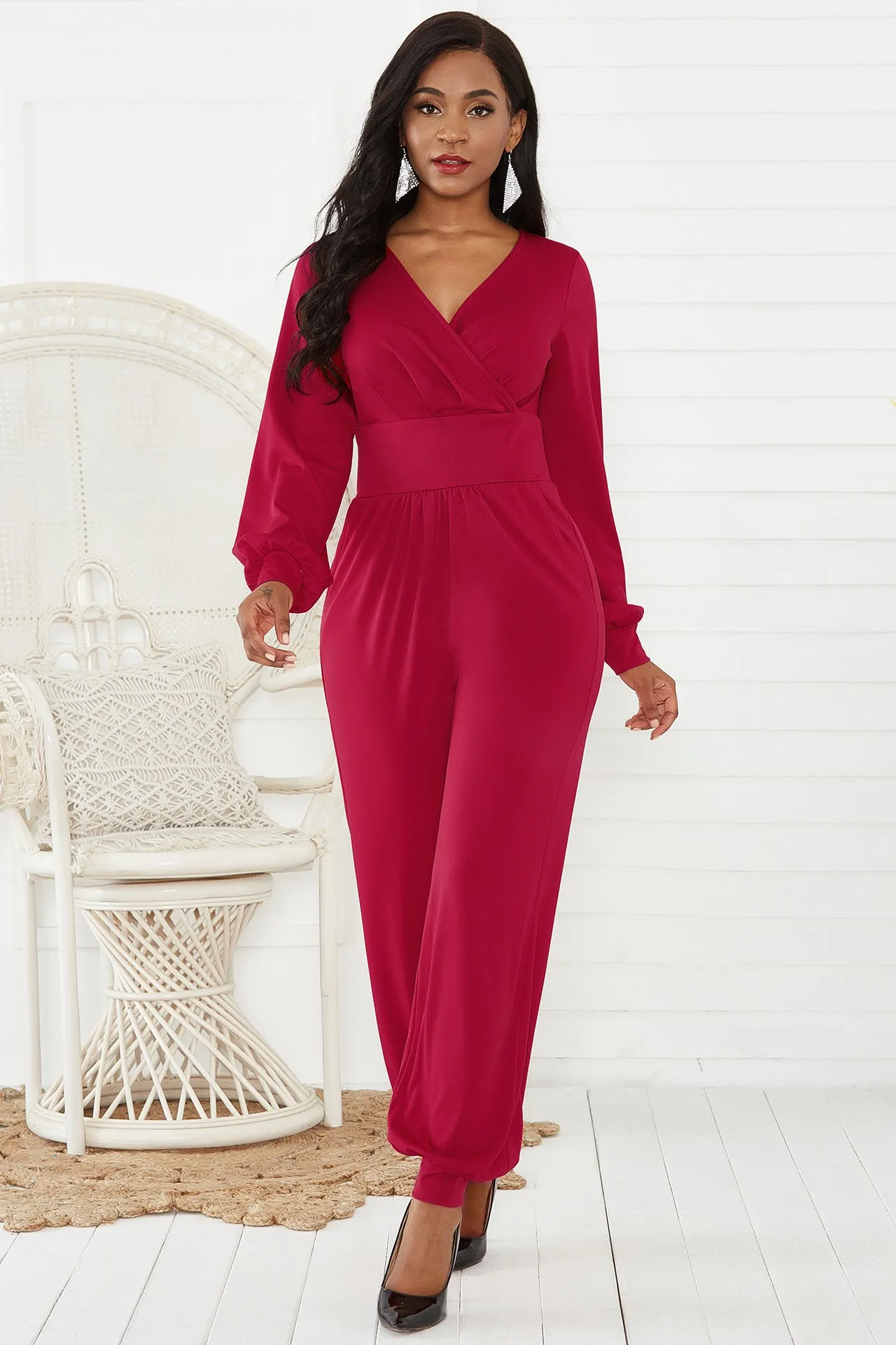 Sunset and Swim Gathered Detail Surplice Lantern Sleeve Jumpsuit