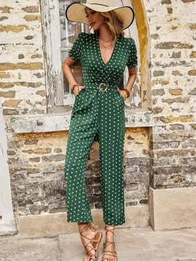 Sunset and Swim Polka Dot Belted Flounce Sleeve Jumpsuit with Pockets