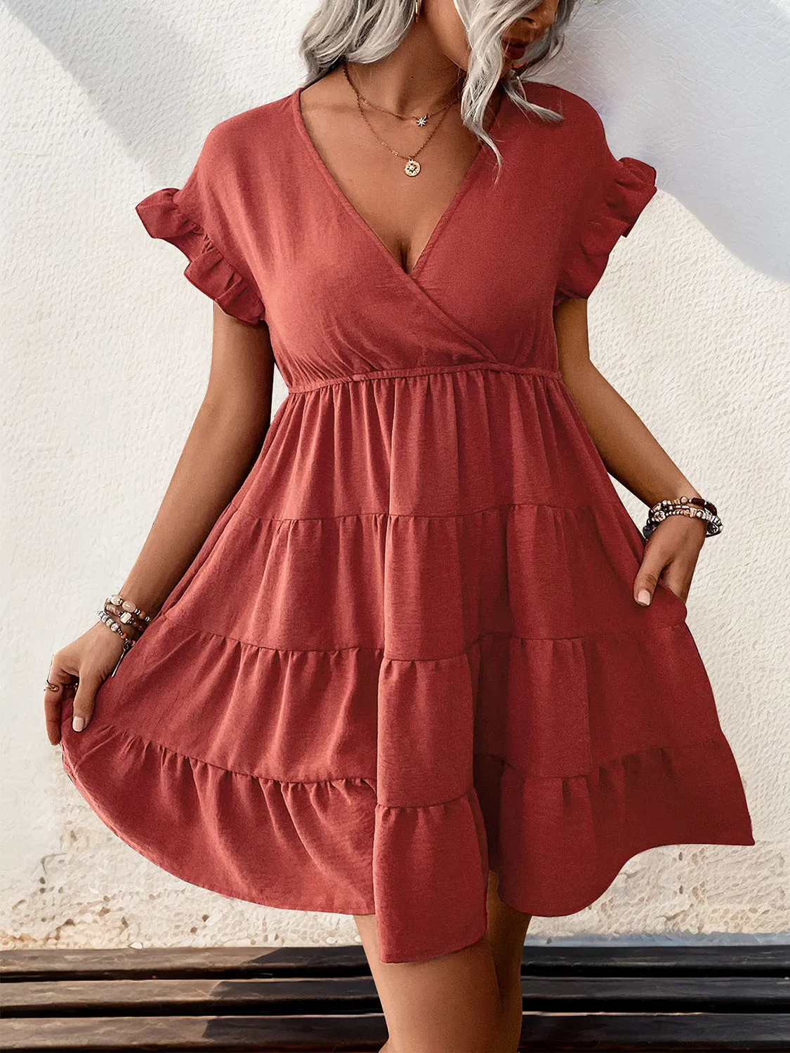 Sunset and Swim  Tiered Surplice Flounce Sleeve Mini Dress