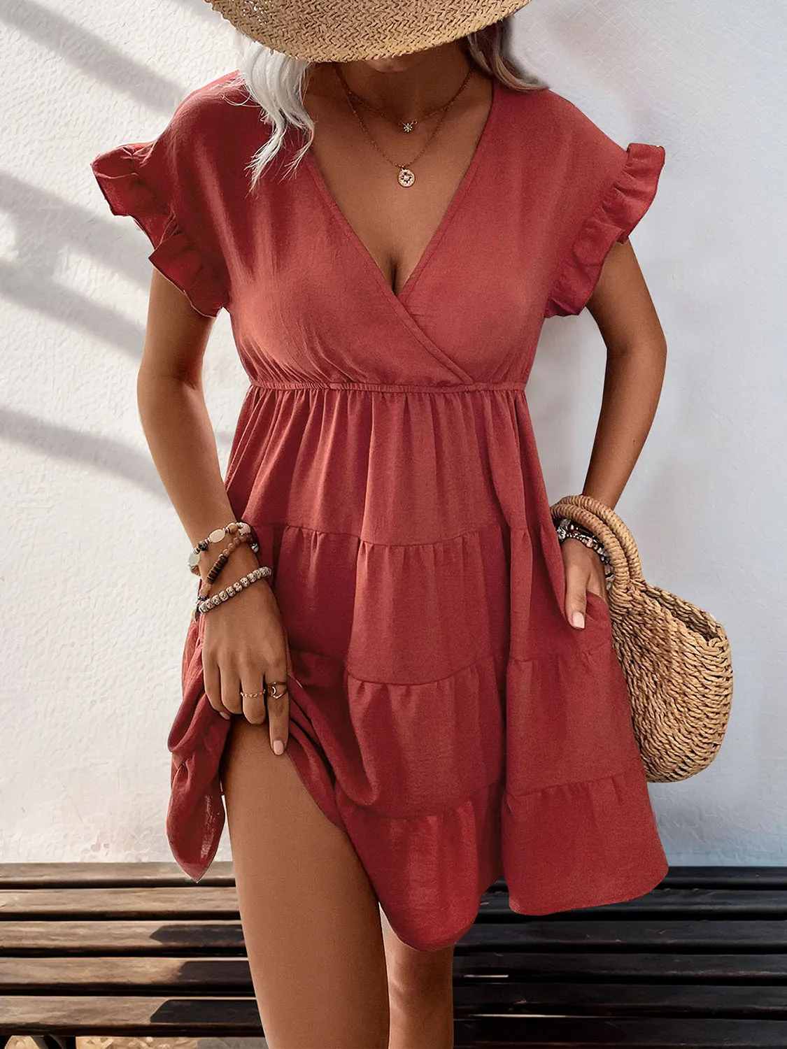 Sunset and Swim  Tiered Surplice Flounce Sleeve Mini Dress