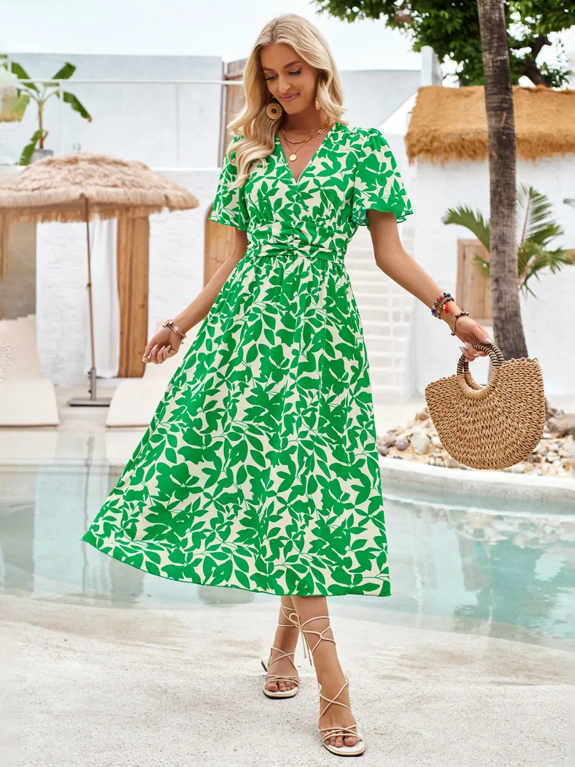 Sunset Vacation Printed Surplice Short Sleeve Midi Dress