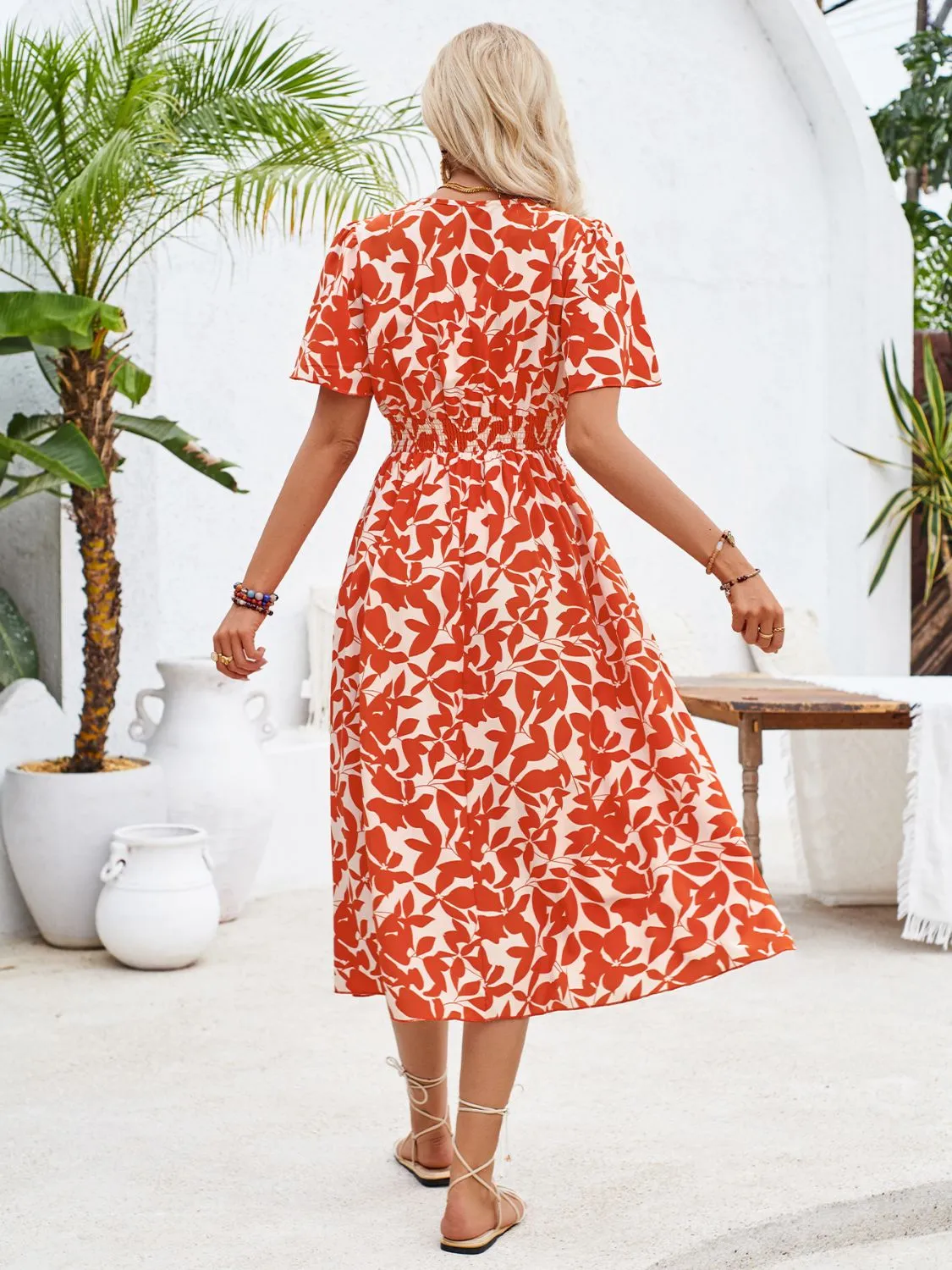 Sunset Vacation Printed Surplice Short Sleeve Midi Dress