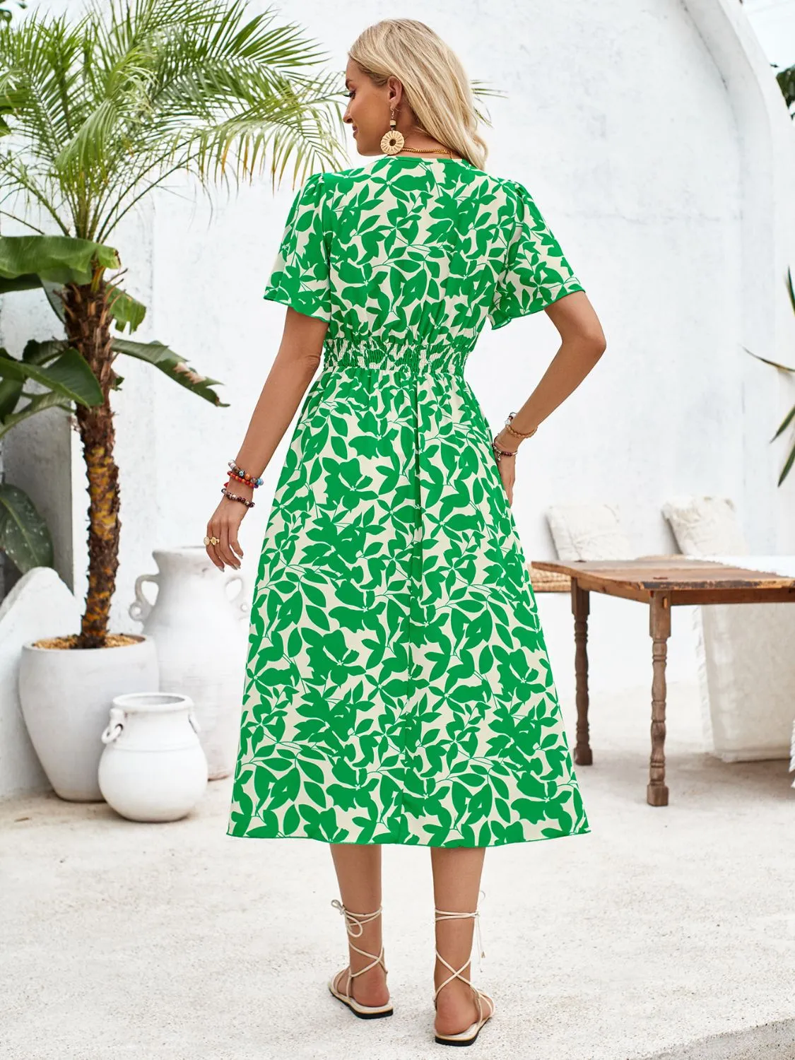 Sunset Vacation Printed Surplice Short Sleeve Midi Dress