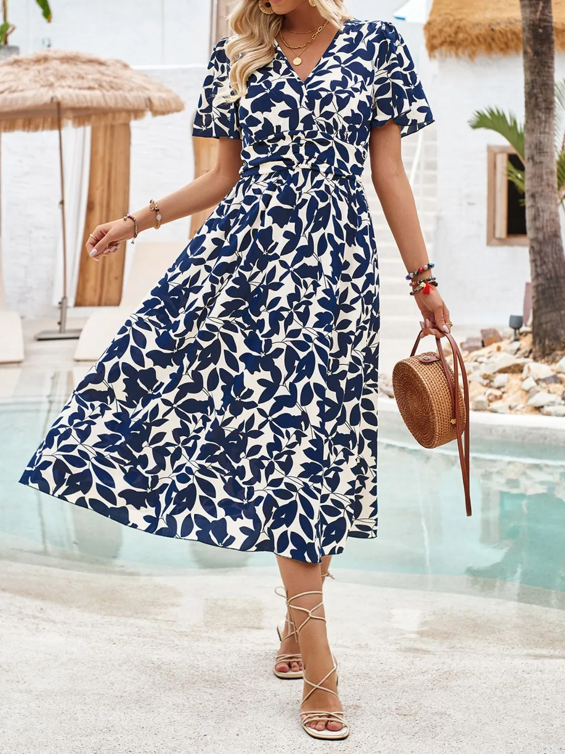 Sunset Vacation Printed Surplice Short Sleeve Midi Dress