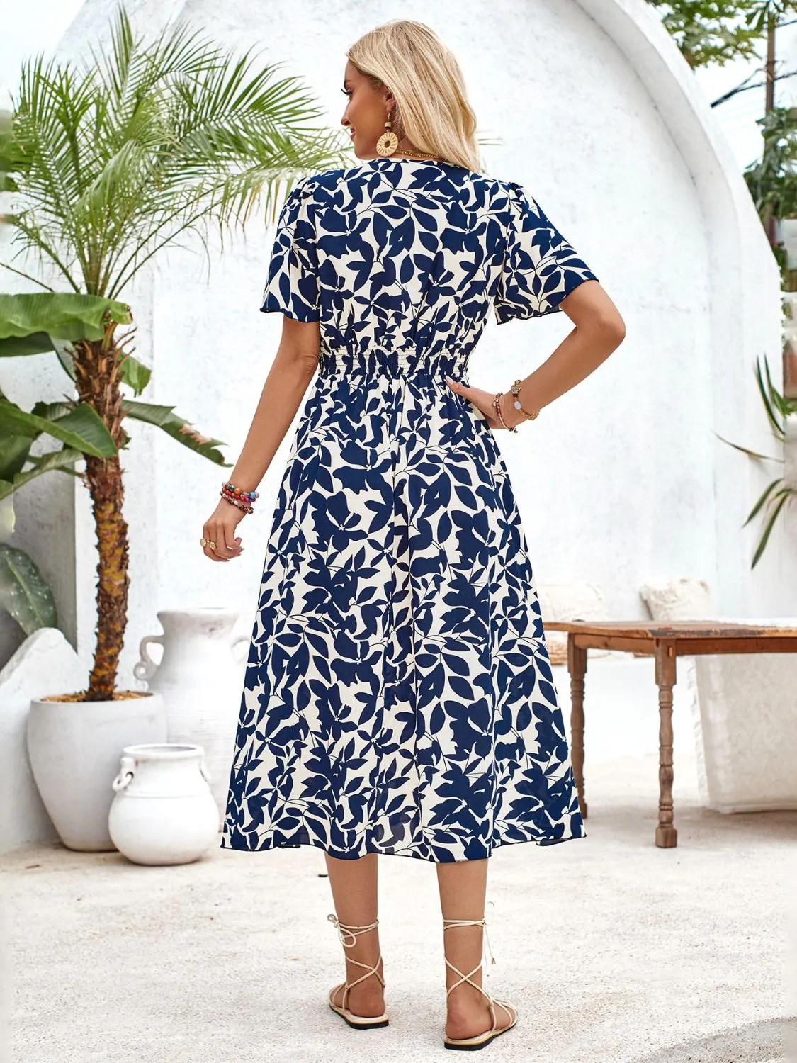 Sunset Vacation Printed Surplice Short Sleeve Midi Dress