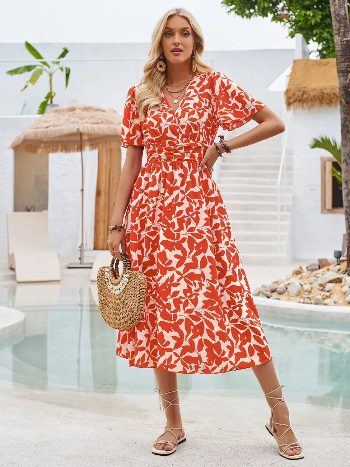 Sunset Vacation Printed Surplice Short Sleeve Midi Dress