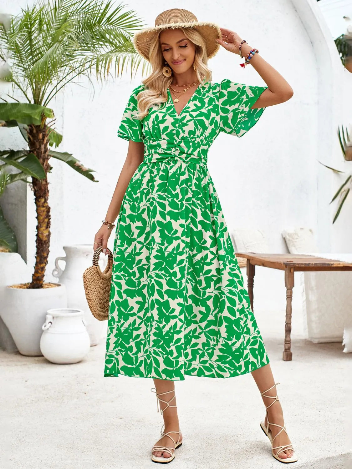 Sunset Vacation Printed Surplice Short Sleeve Midi Dress