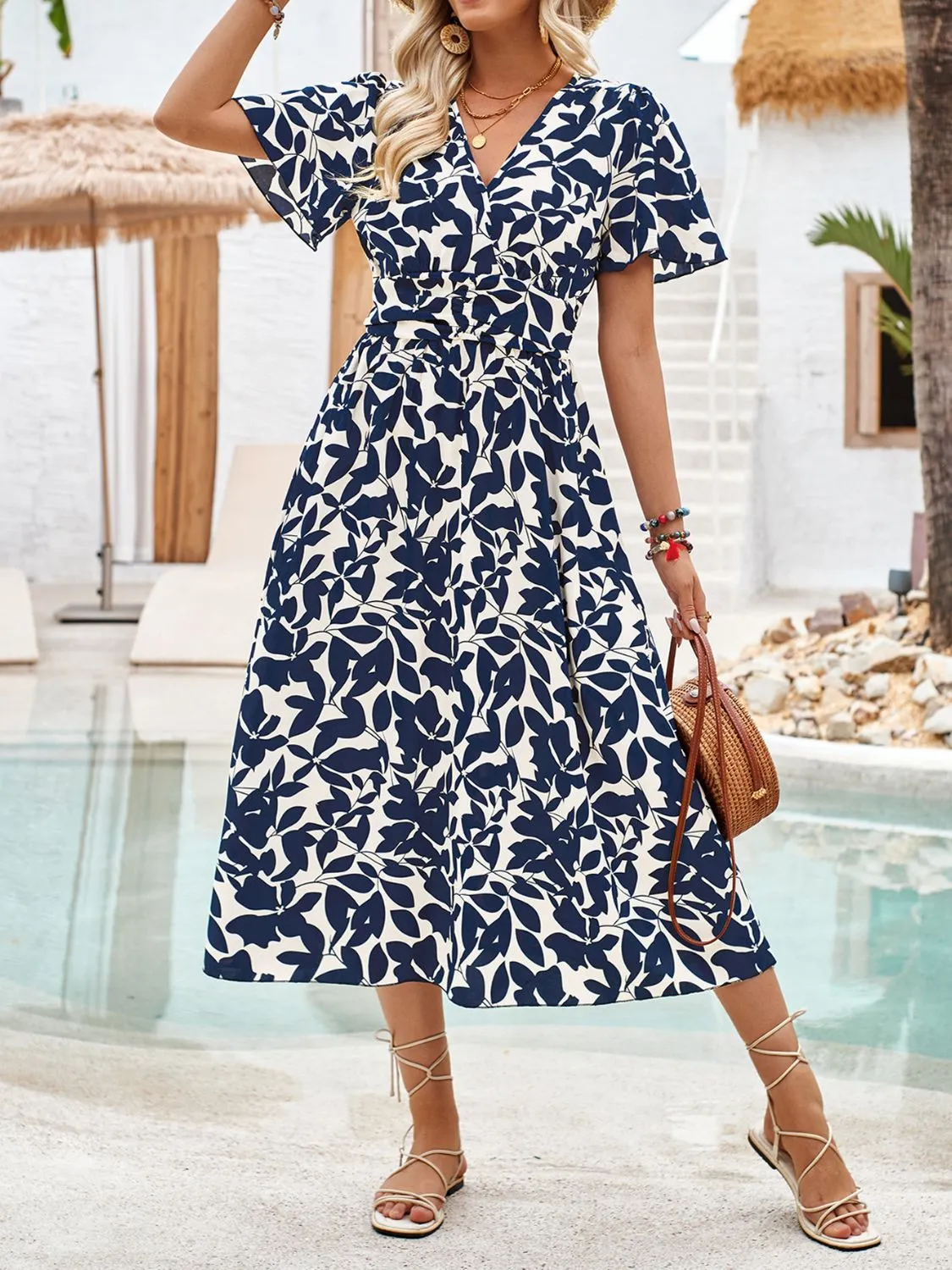 Sunset Vacation Printed Surplice Short Sleeve Midi Dress