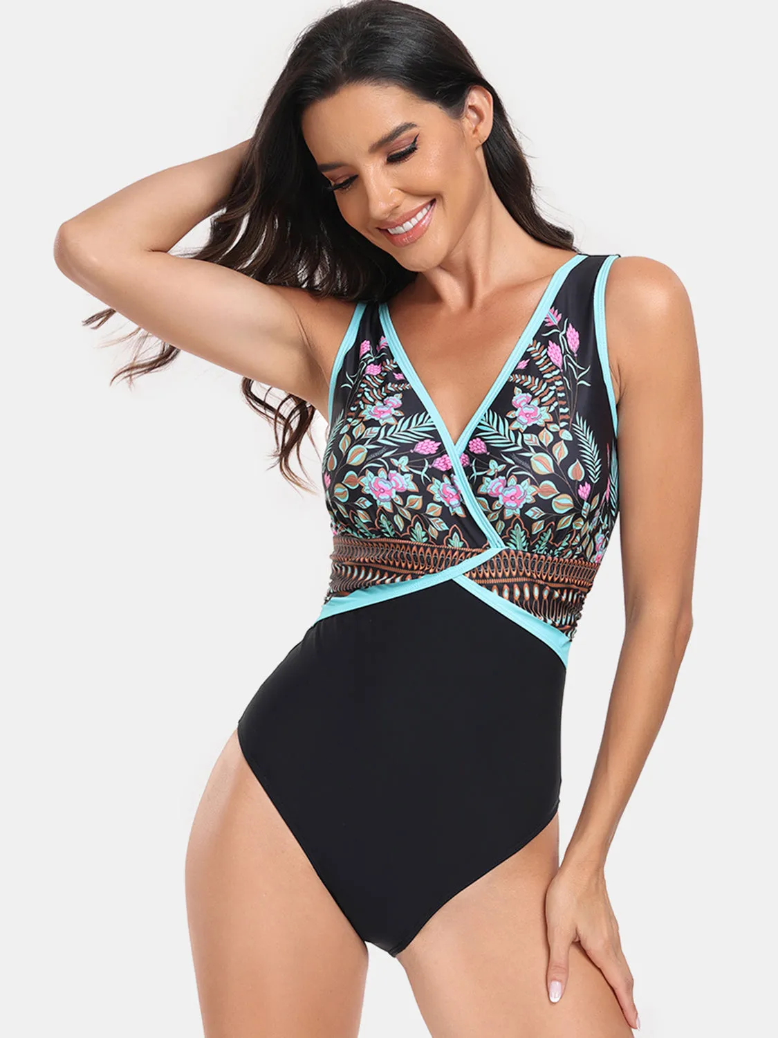 Sunset Vacation  Printed Surplice Wide Strap One-Piece Swimwear