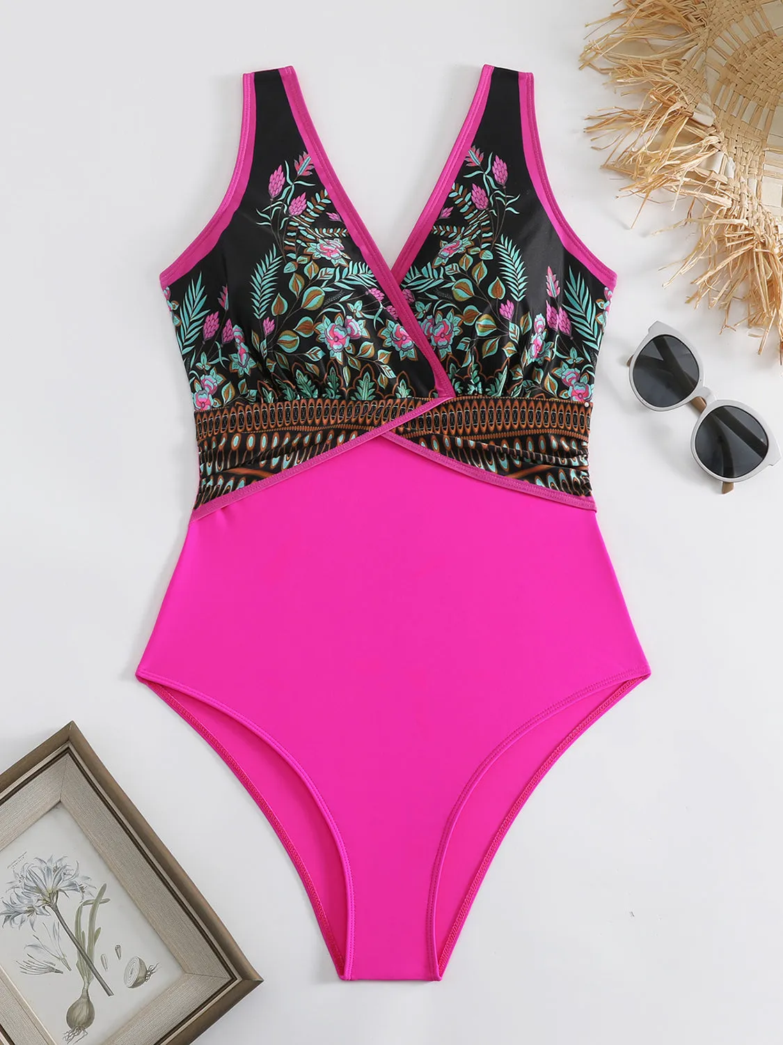 Sunset Vacation  Printed Surplice Wide Strap One-Piece Swimwear