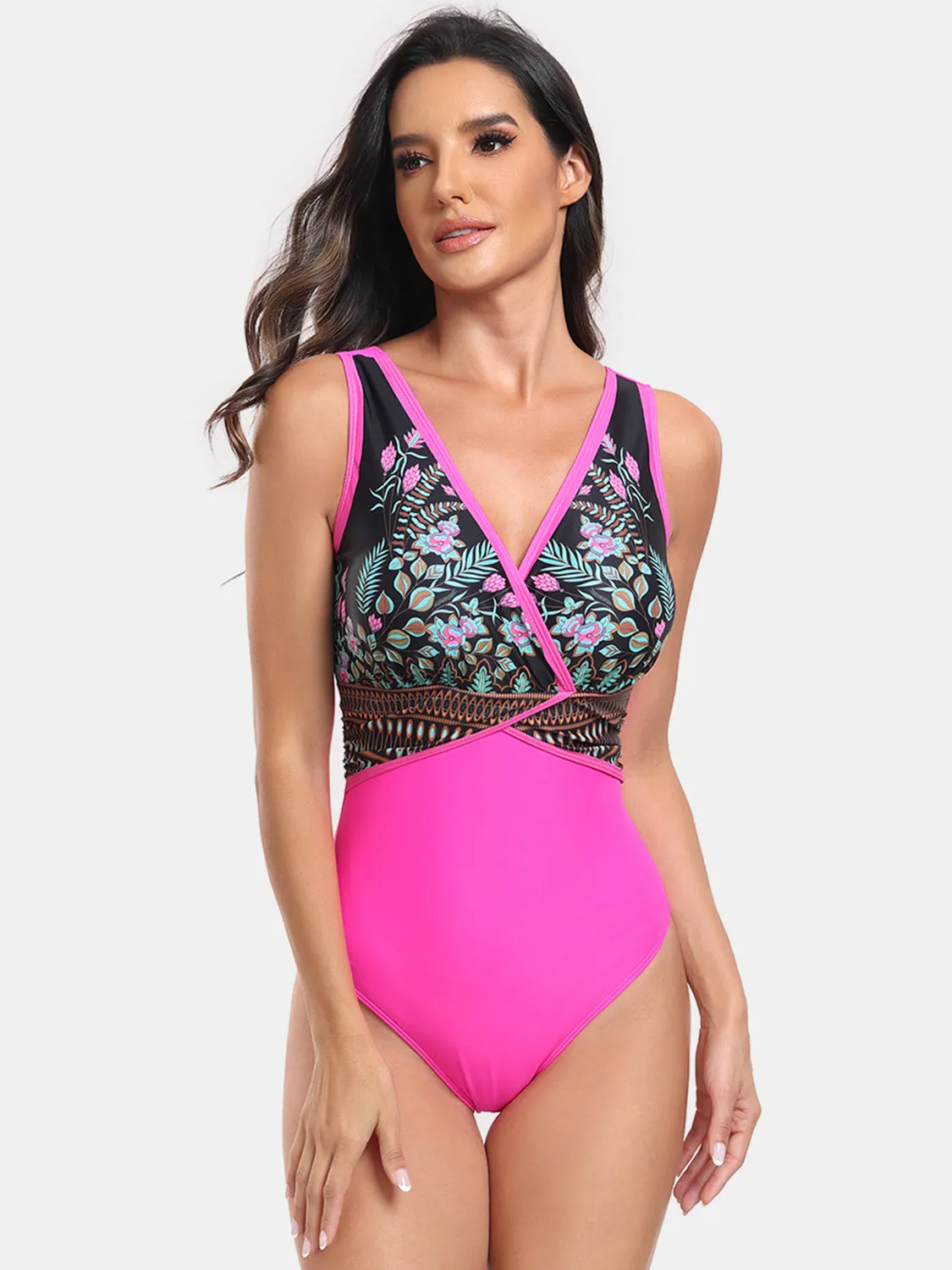 Sunset Vacation  Printed Surplice Wide Strap One-Piece Swimwear