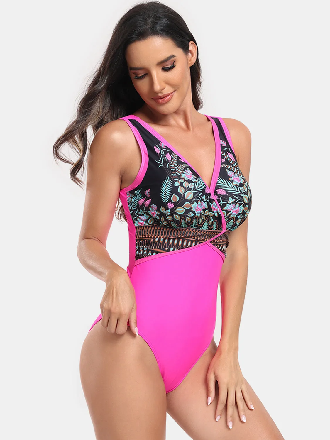 Sunset Vacation  Printed Surplice Wide Strap One-Piece Swimwear