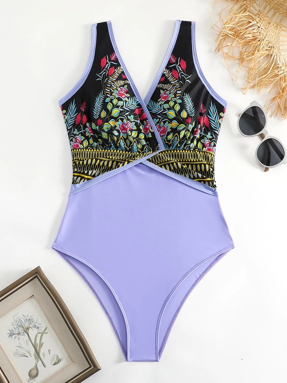 Sunset Vacation  Printed Surplice Wide Strap One-Piece Swimwear