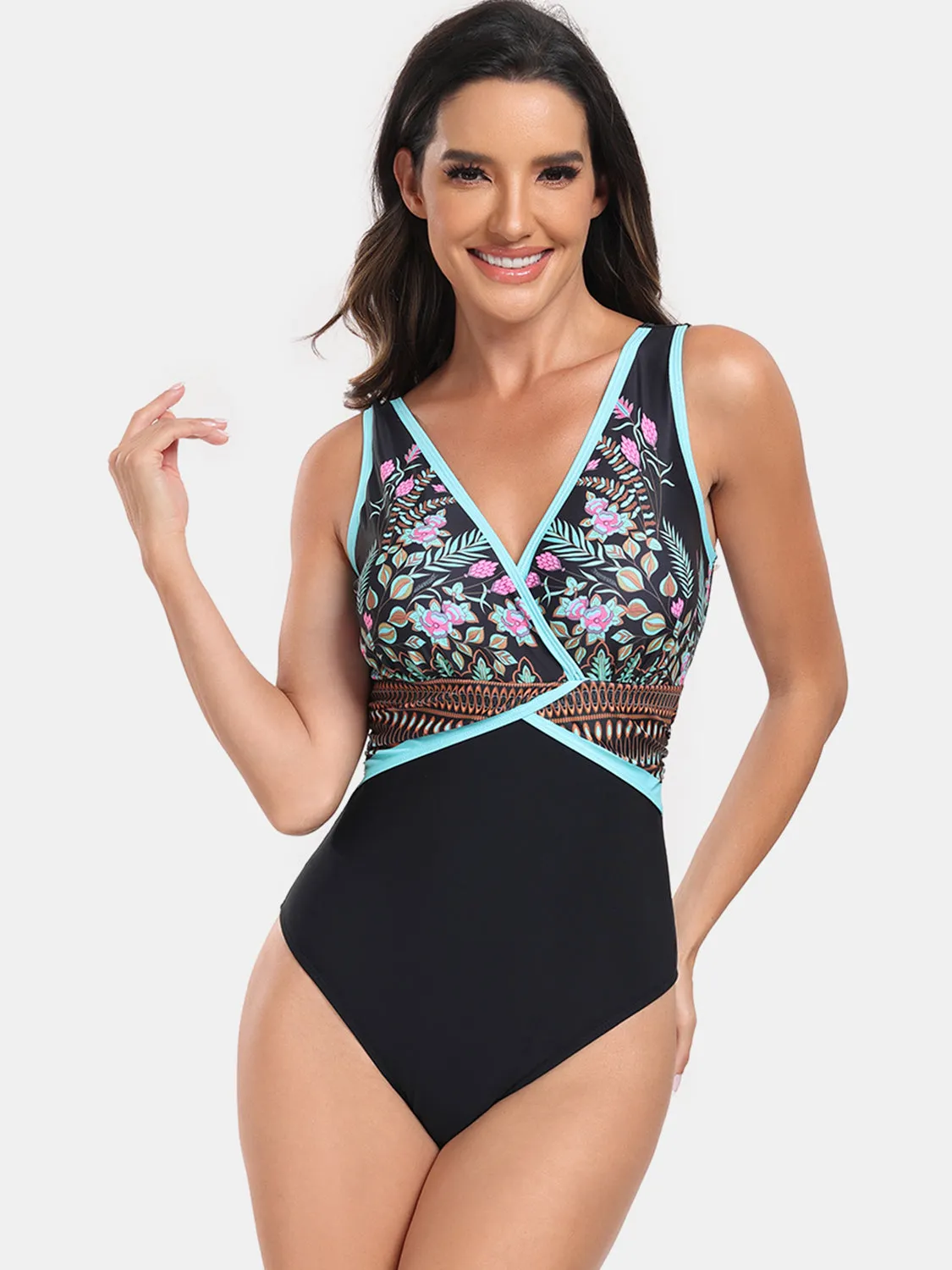 Sunset Vacation  Printed Surplice Wide Strap One-Piece Swimwear