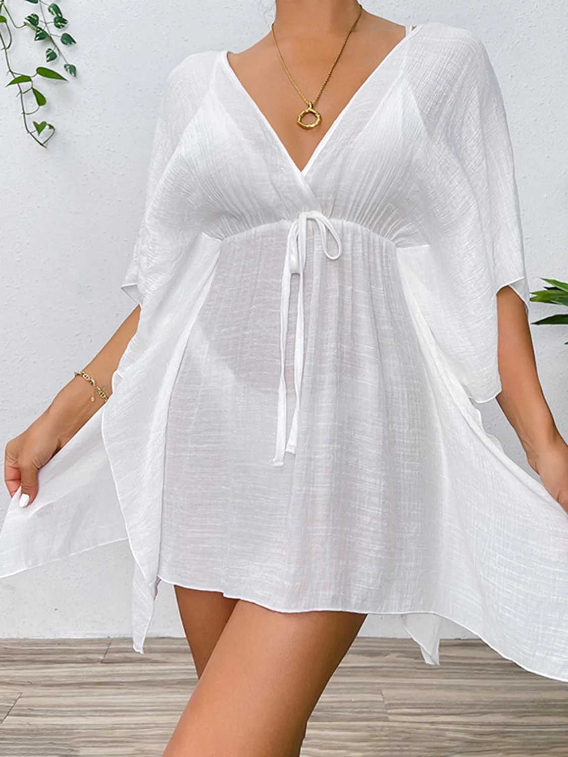 Sunset Vacation  Tied Surplice Half Sleeve Beach Cover Up