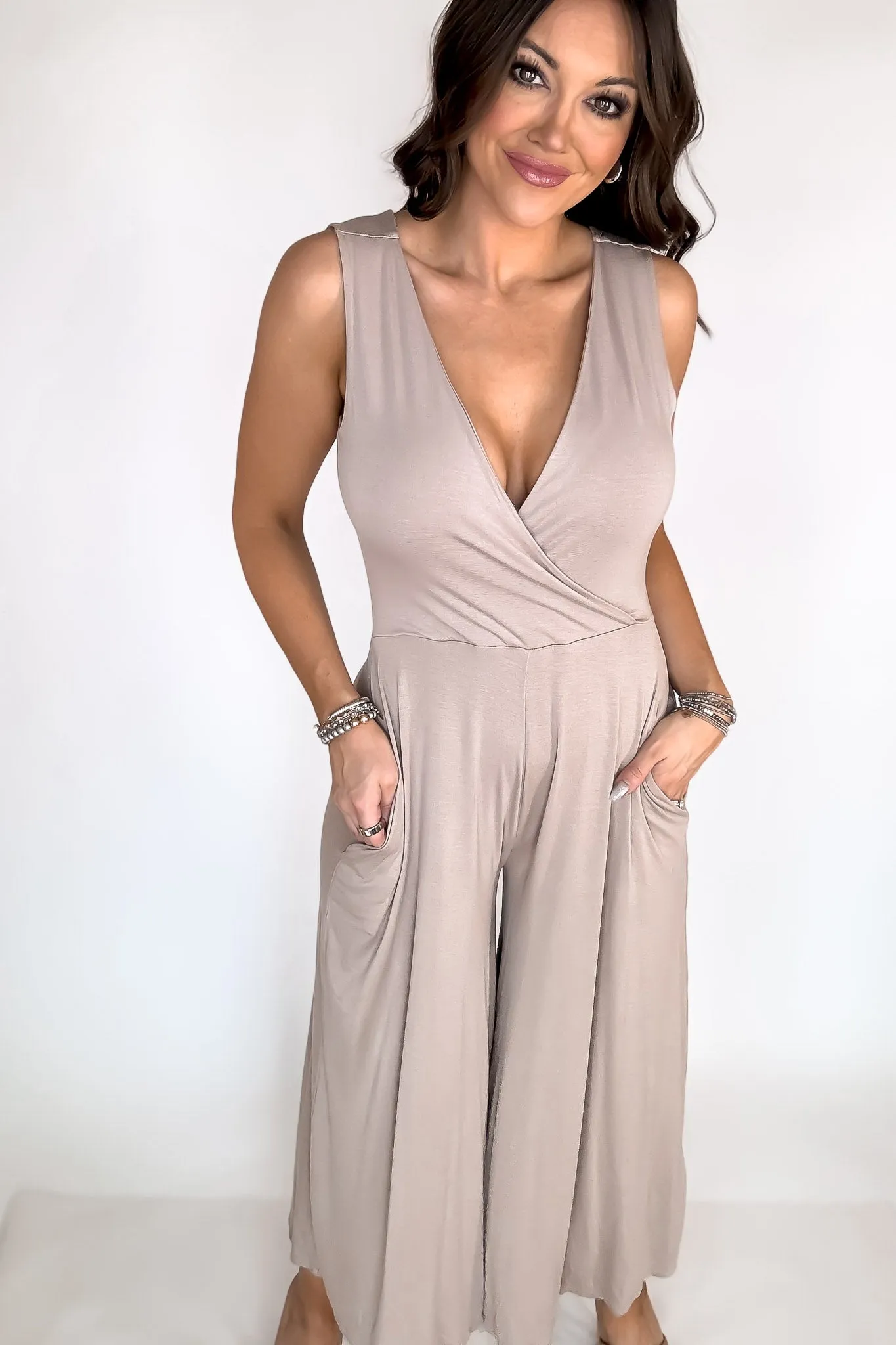 Take A Chance Ash Mocha Surplice Neckline Sleeveless Jumpsuit