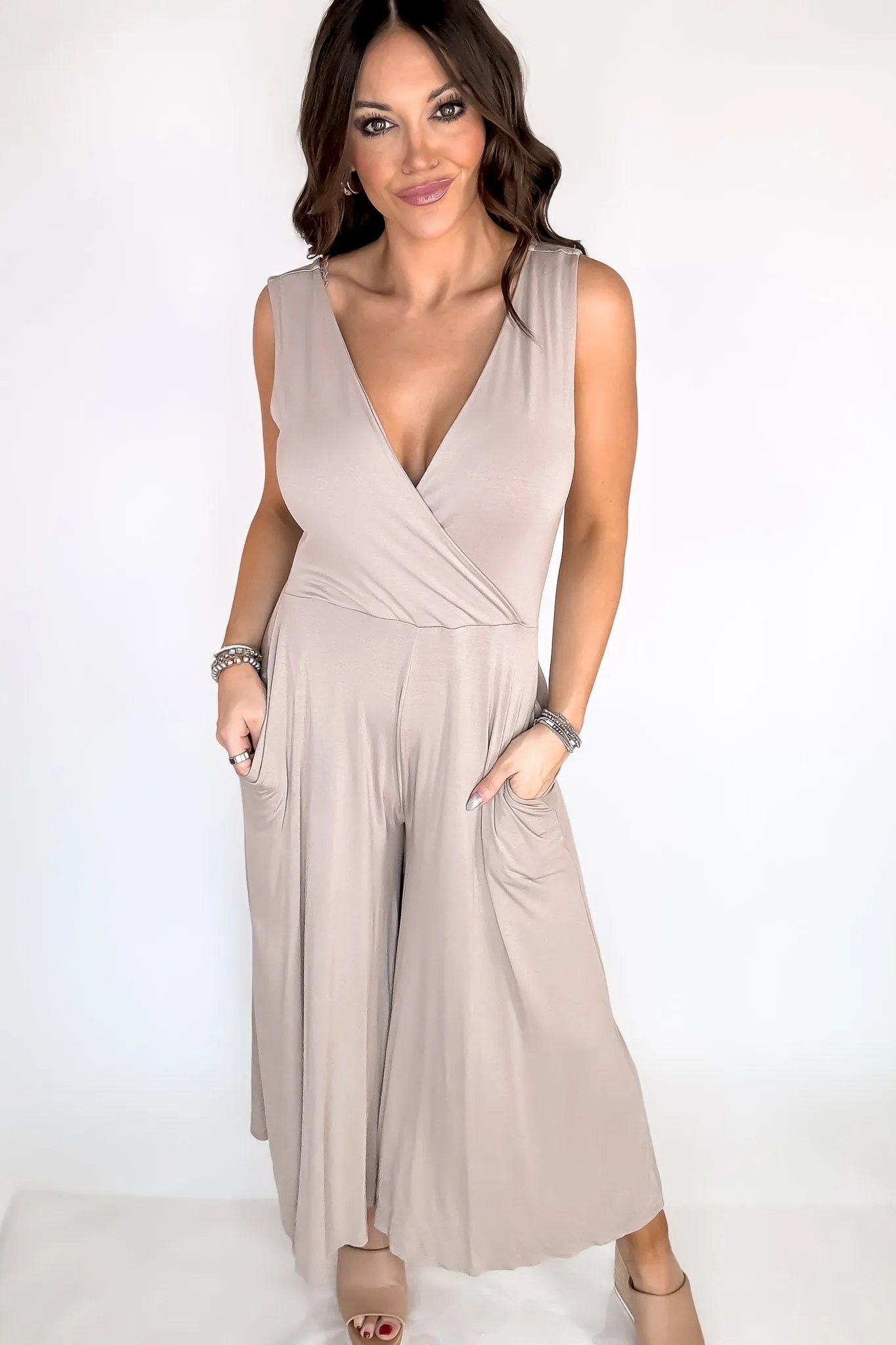 Take A Chance Ash Mocha Surplice Neckline Sleeveless Jumpsuit