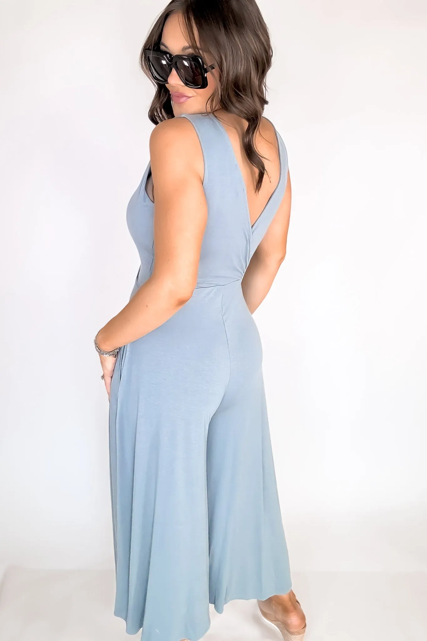 Take A Chance Blue Gray Surplice Neckline Sleeveless Jumpsuit