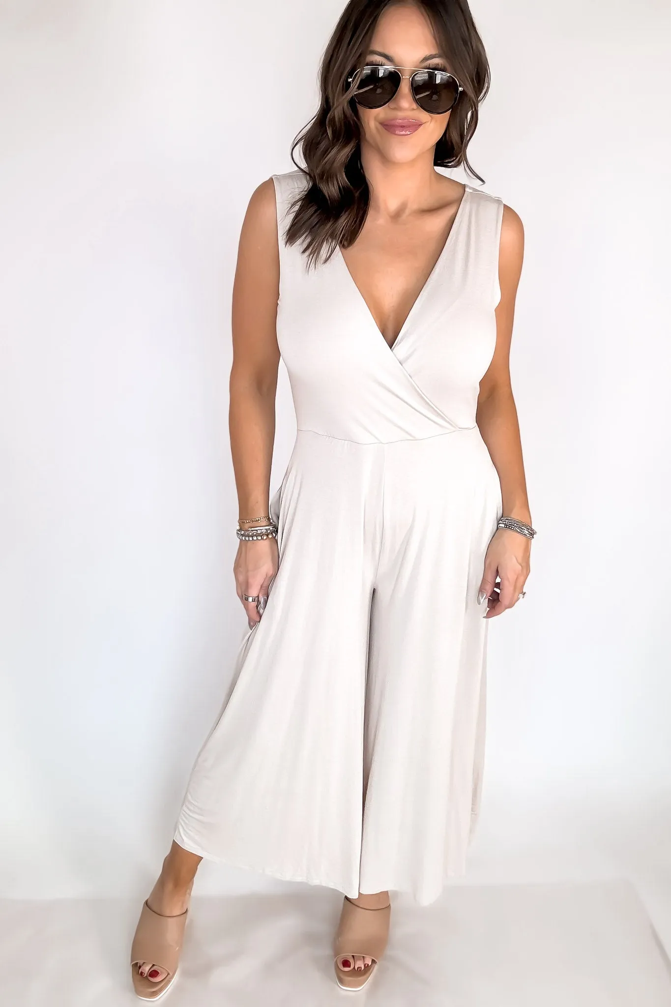 Take A Chance Sand Beige Surplice Neckline Sleeveless Jumpsuit