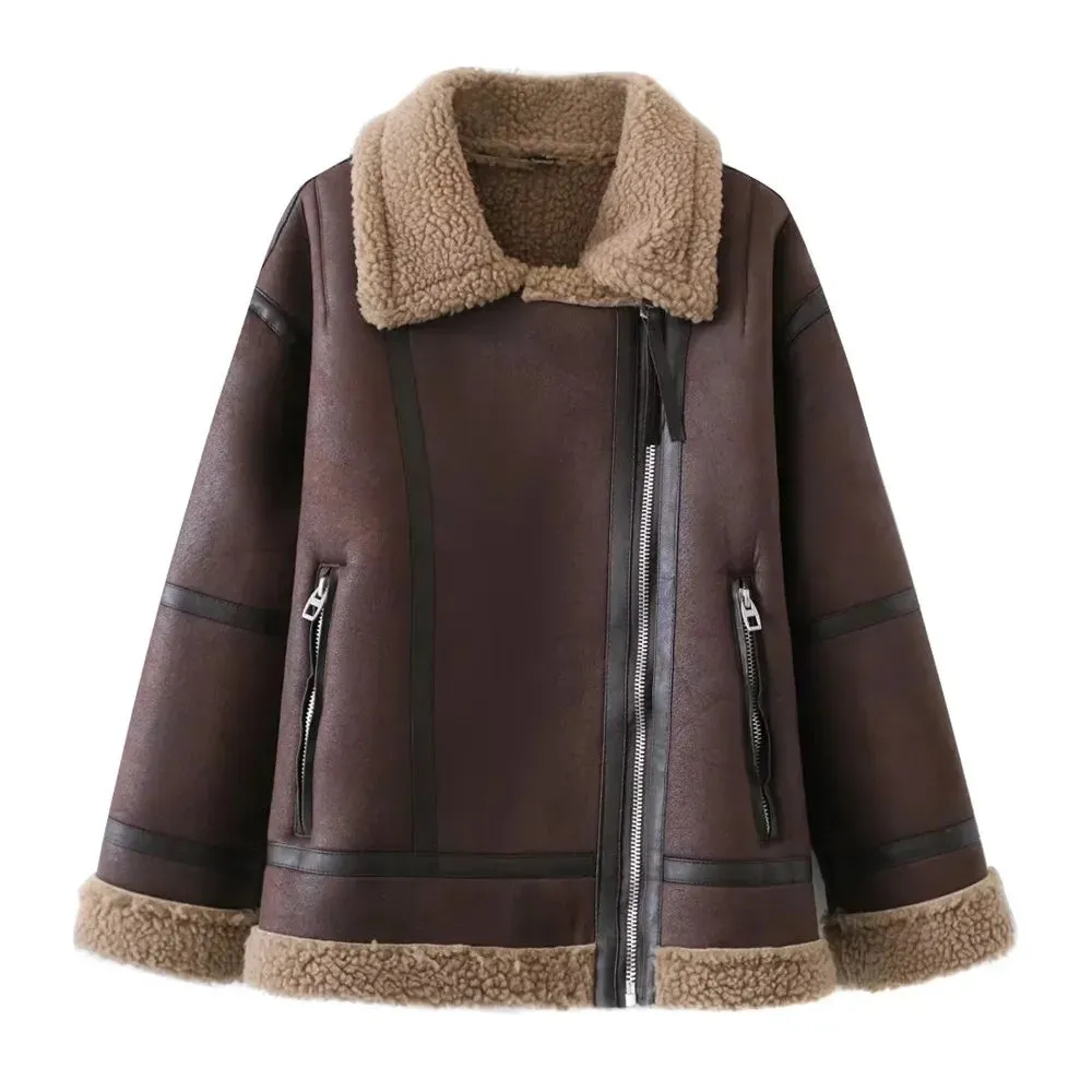 Thick Warm Winter Fur Faux Leather Motorcycle Oversized Jacket Coat