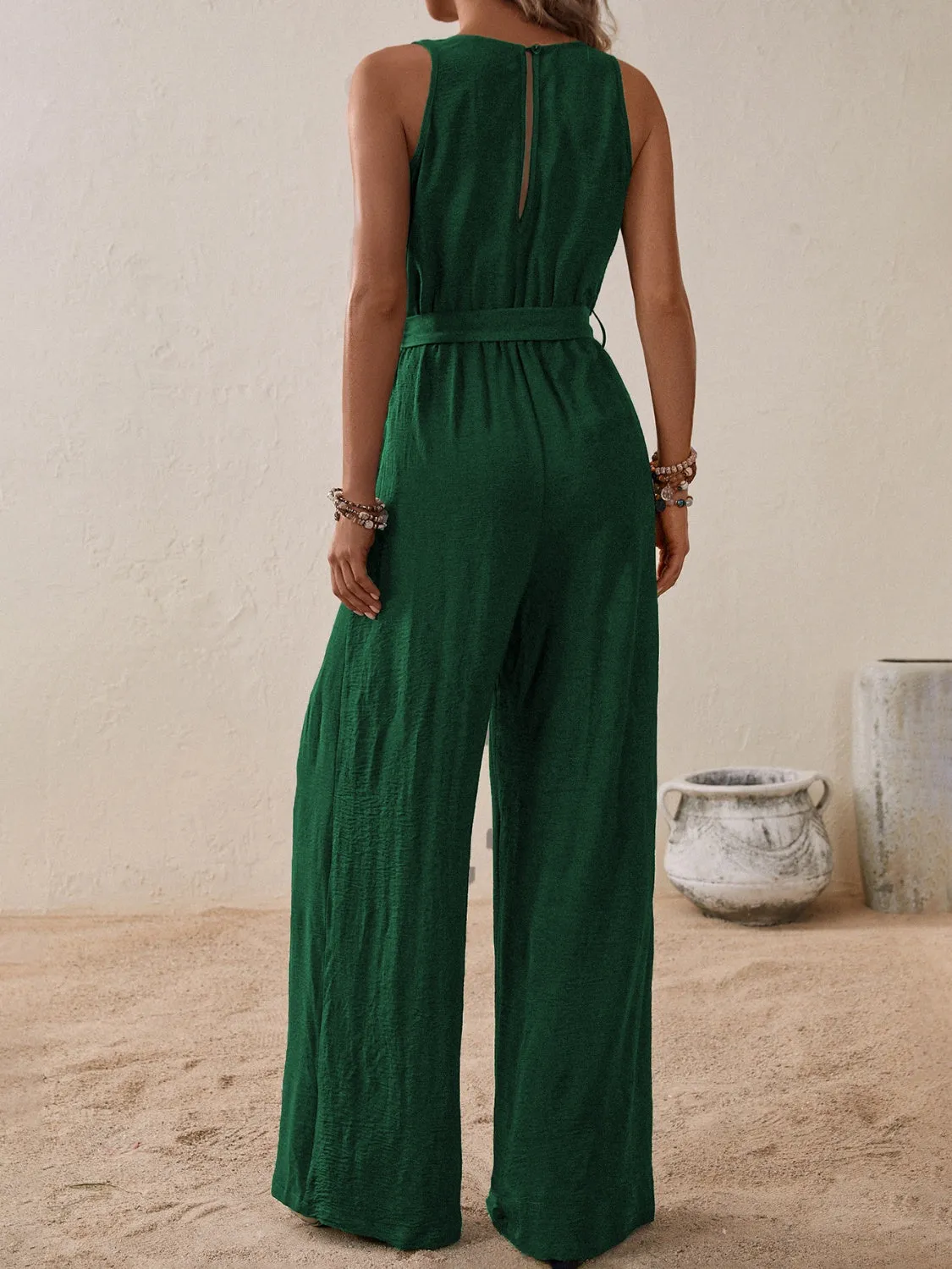 Tied Surplice Sleeveless Wide Leg Jumpsuit