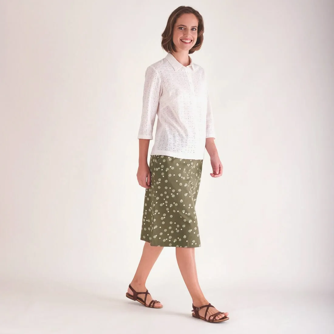 Velma Cotton & Linen A-line Skirt | Olive Dot Print