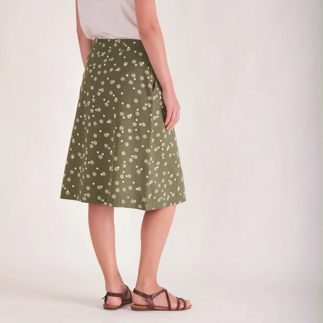 Velma Cotton & Linen A-line Skirt | Olive Dot Print