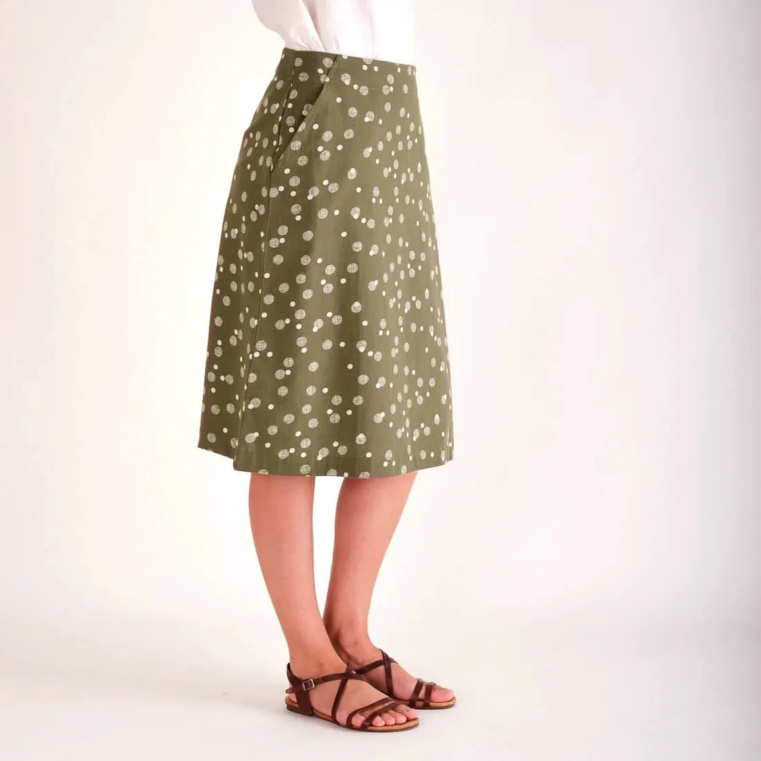 Velma Cotton & Linen A-line Skirt | Olive Dot Print