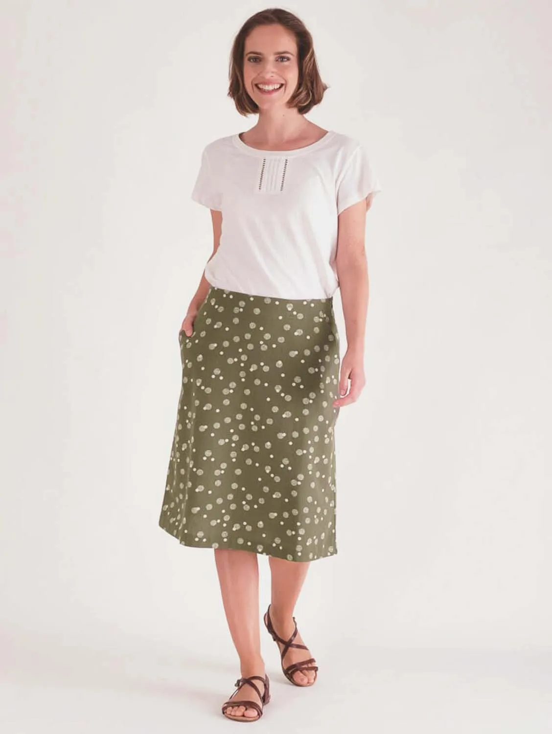 Velma Cotton & Linen A-line Skirt | Olive Dot Print