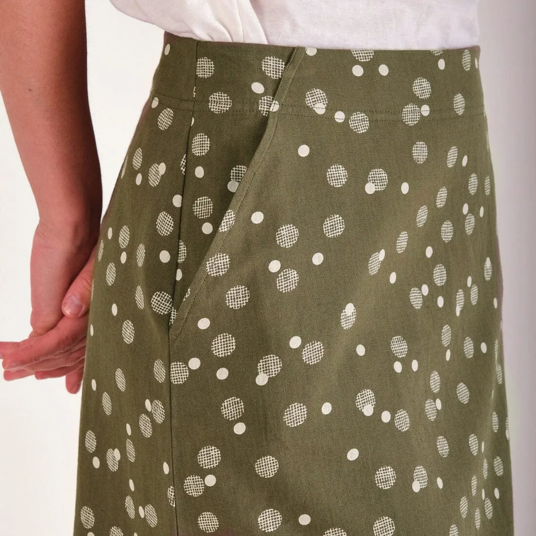 Velma Cotton & Linen A-line Skirt | Olive Dot Print