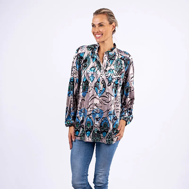 Velvet Ruffle Blouse - Silver & Cobalt