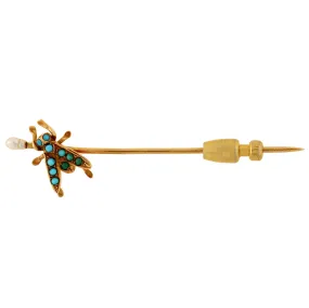 Victorian 14kt Turquoise   Pearl "Fly" Stick Pin