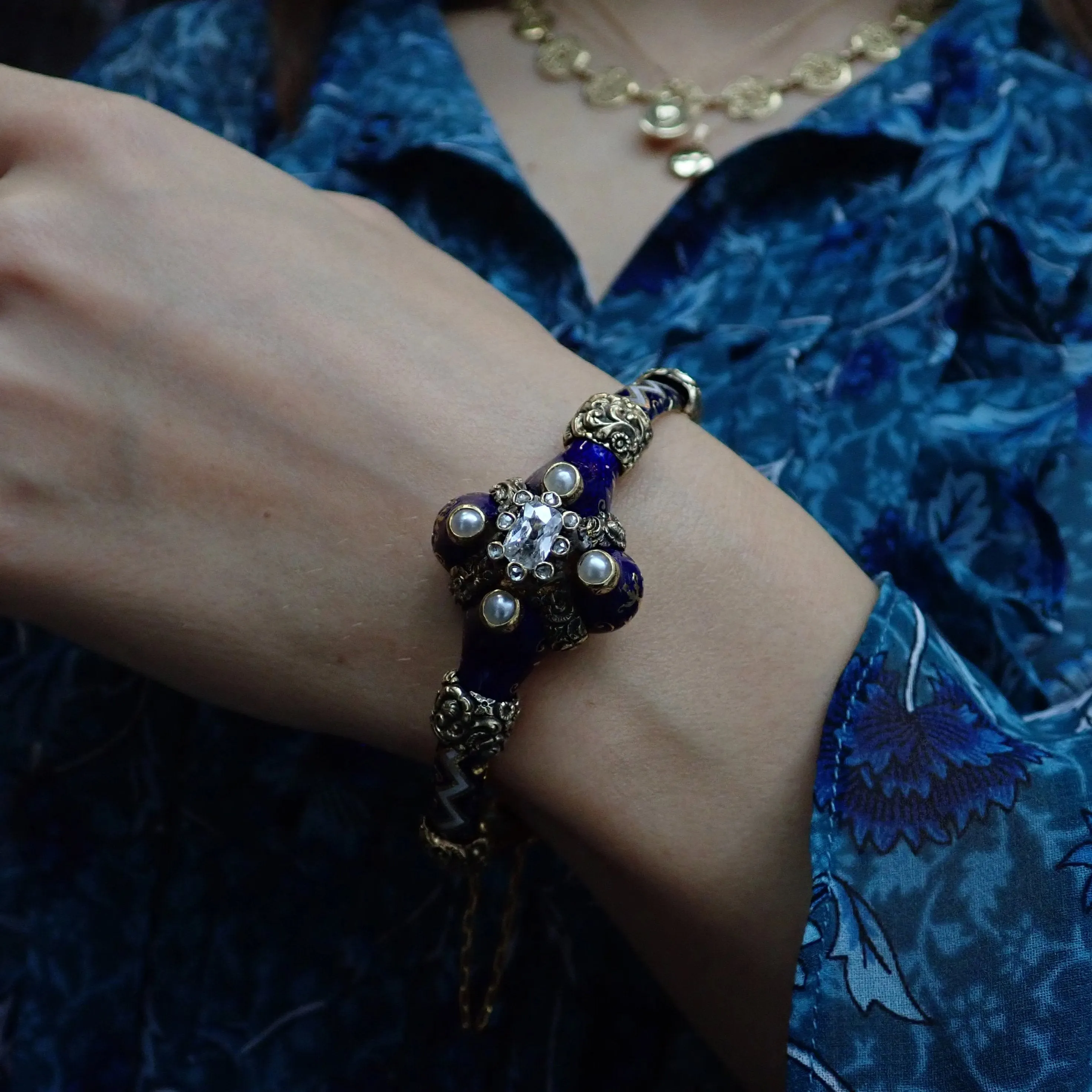 Victorian Diamond & Blue Enamel Bracelet