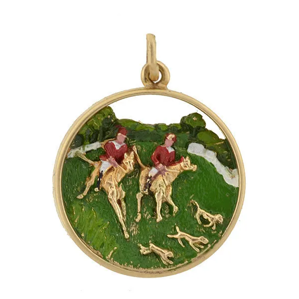 Vintage 14kt Enameled Equestrian Fox Hunt Pendant