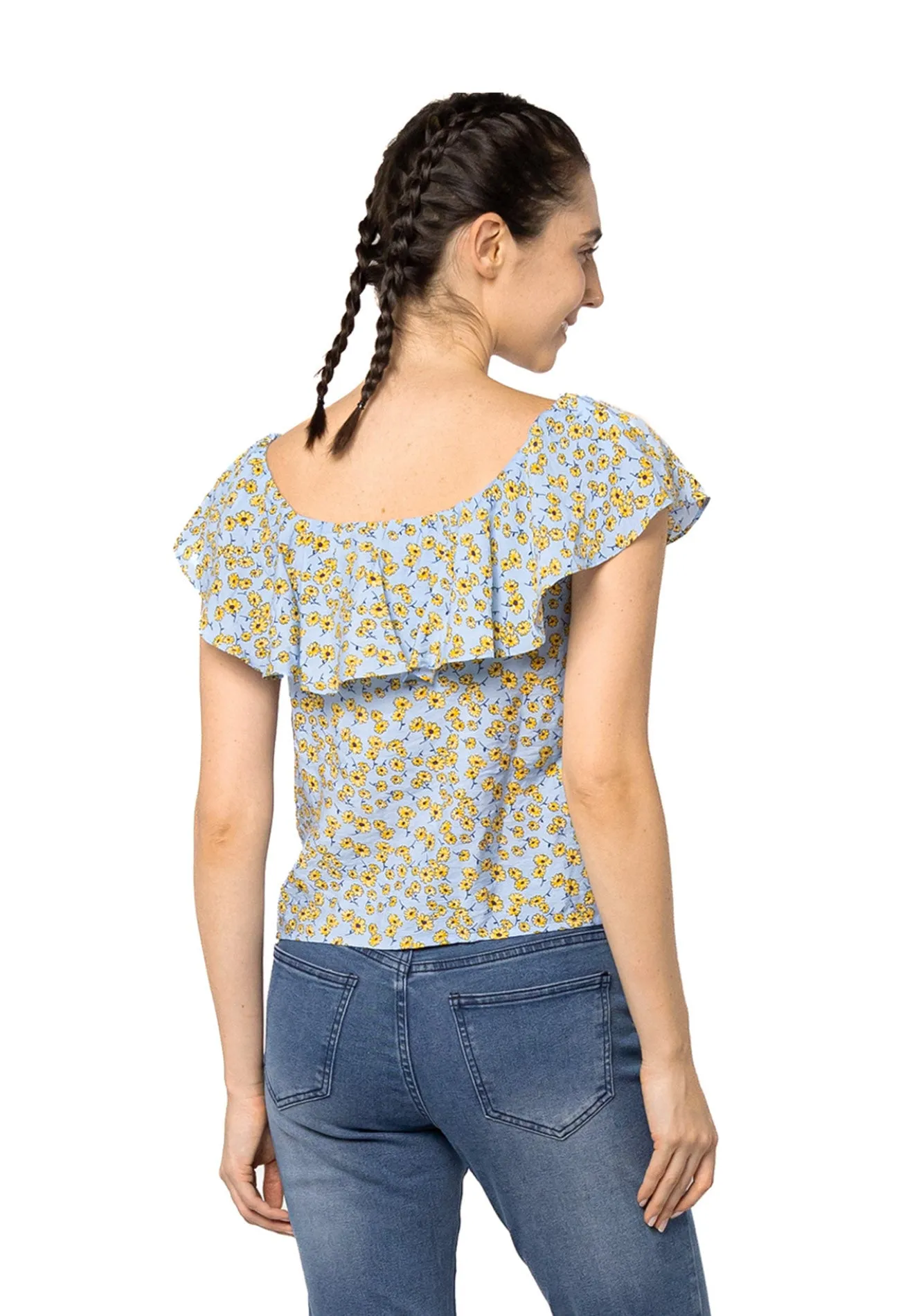 VOIR JEANS Boat Shoulder Spring Garden Ruffles Blouse