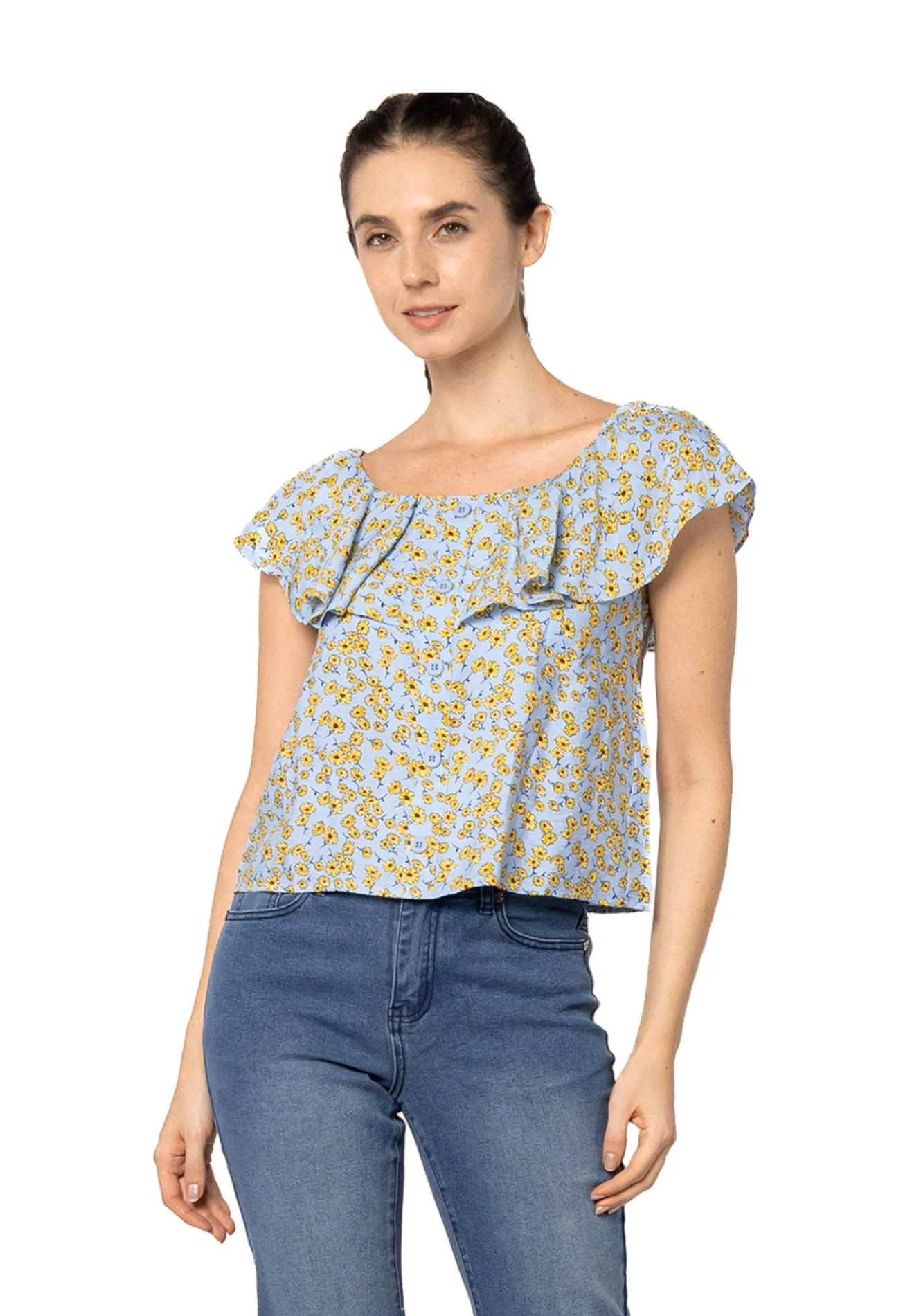 VOIR JEANS Boat Shoulder Spring Garden Ruffles Blouse