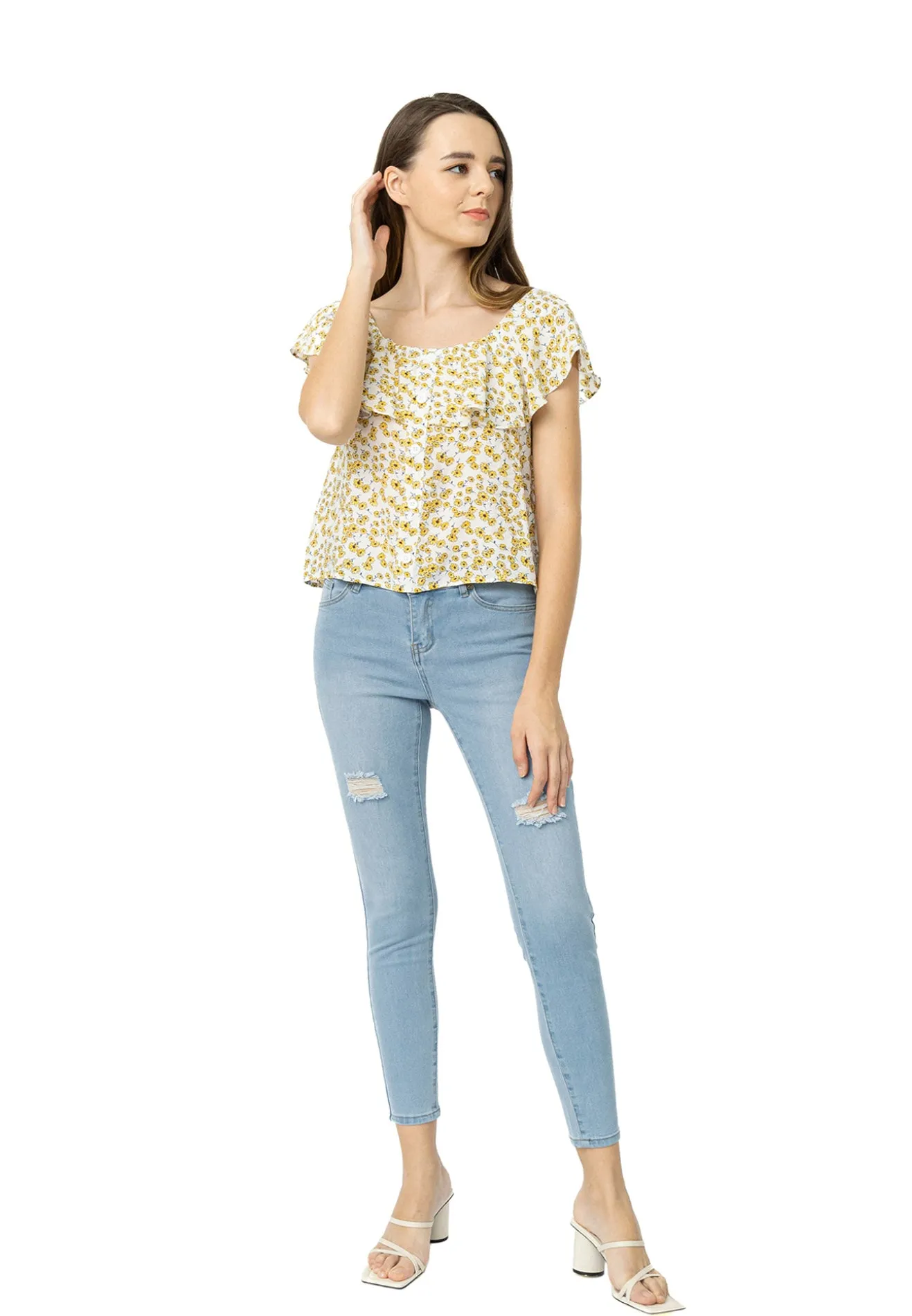 VOIR JEANS Boat Shoulder Spring Garden Ruffles Blouse