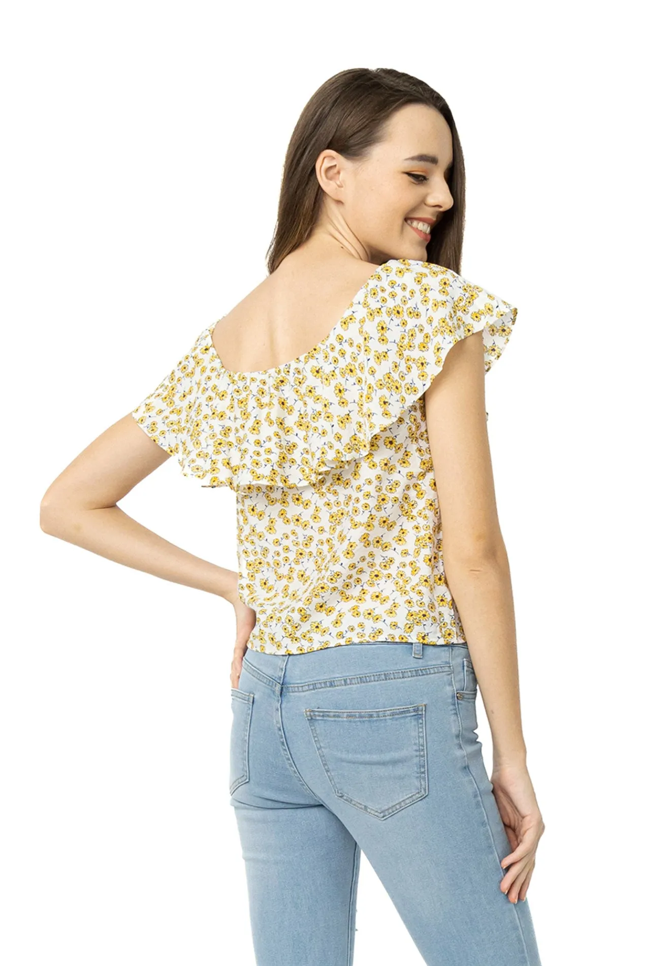 VOIR JEANS Boat Shoulder Spring Garden Ruffles Blouse