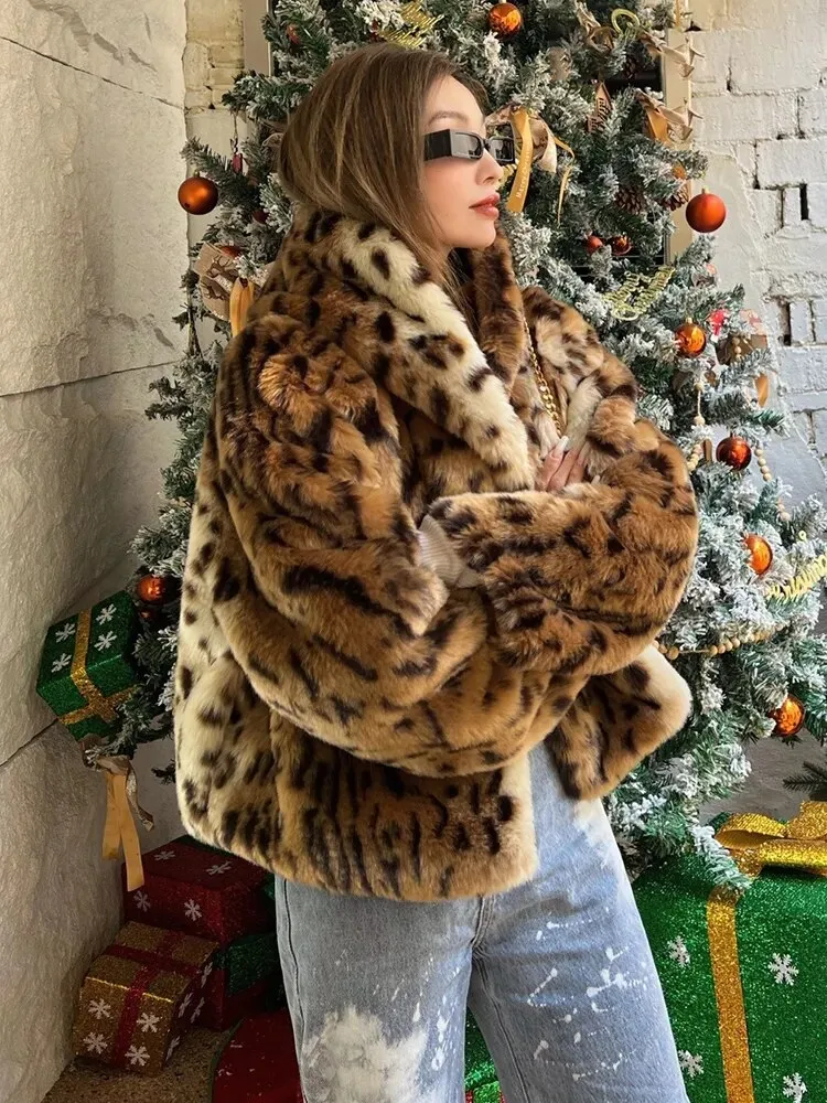 Winter Short Thick Warm Leopard Print Faux Fur Coat Women with Hood