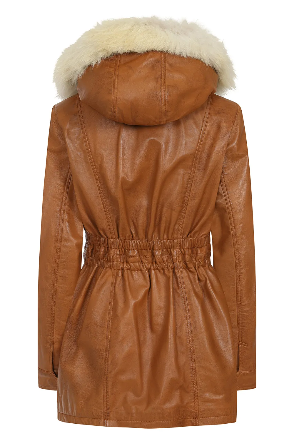 Women's Detachable Fur Trimmed Hood Tan Leather Jacket Coat - 'BARBARA'